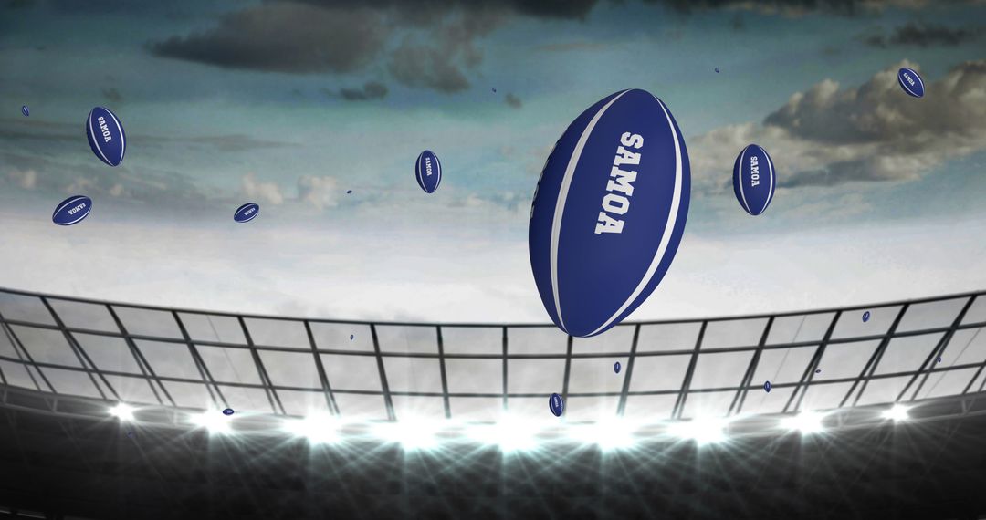 Multiple Blue Rugby Balls Floating Over Stadium Field