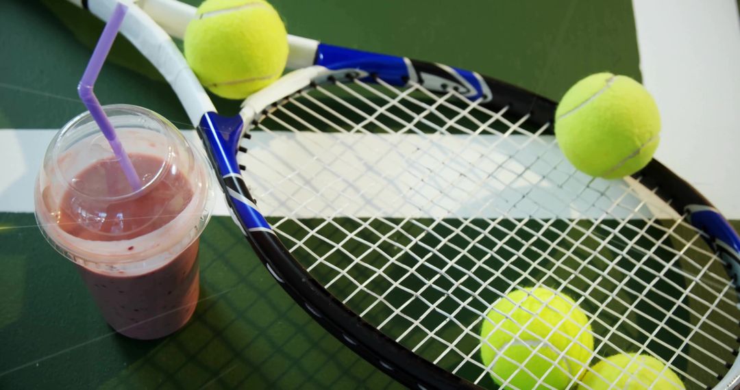Tennis Racket and Balls with Refreshing Smoothie on Table Tennis Surface