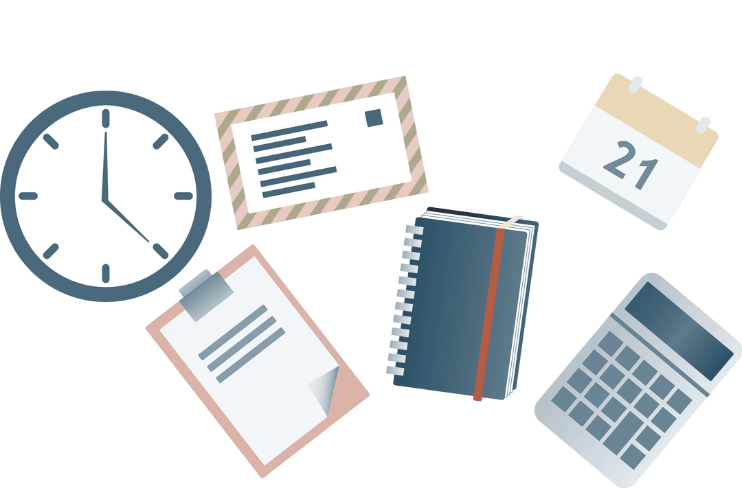 Transparent Office Supplies Illustration: Clock, Notebook, Calendar, Calculator