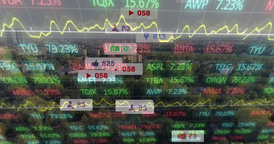 Digital Financial Data Overlaid on Cityscape, Abstract Technology Background