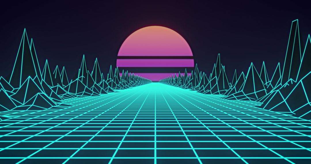Retro Futuristic Sunset with Glowing Grid and Mountains