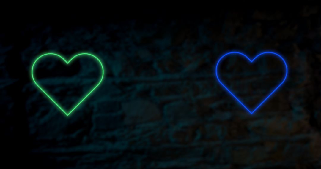 Neon Green and Blue Hearts on Dark Brick Wall - Free Images, Stock Photos and Pictures on Pikwizard.com