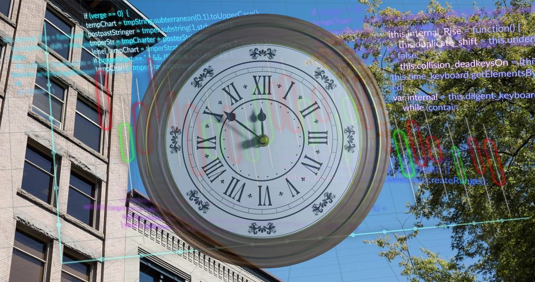 Clock Overlay with Diagrams on Cityscape: Business and Technology