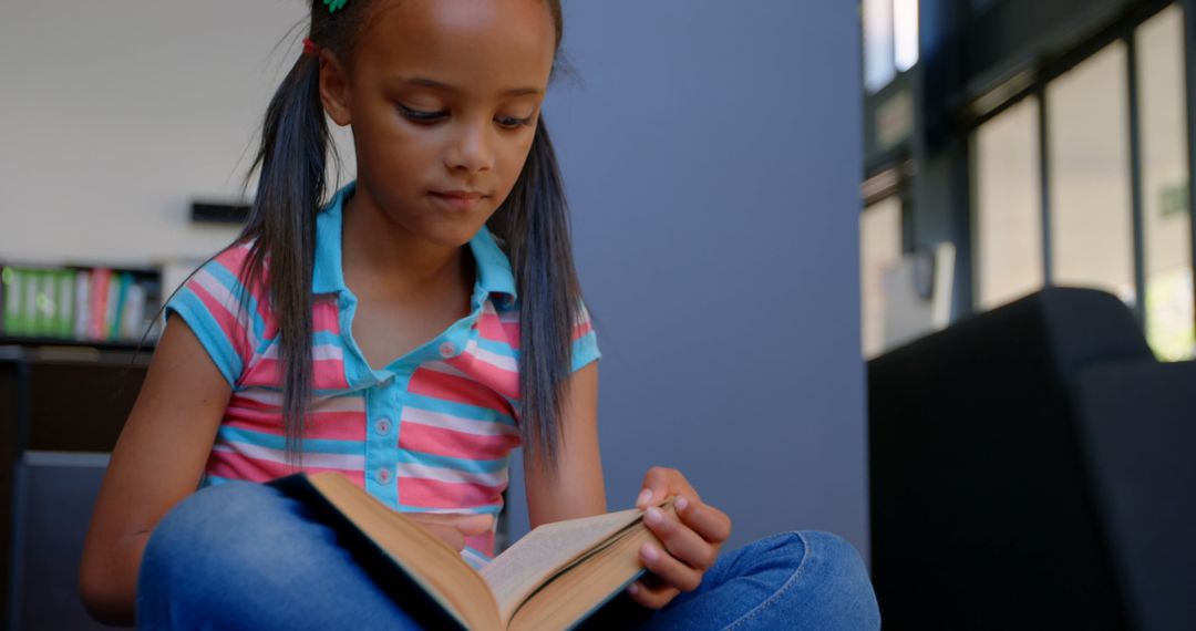 Young Girl Reading Book in School Library Calm Scene of Learning
