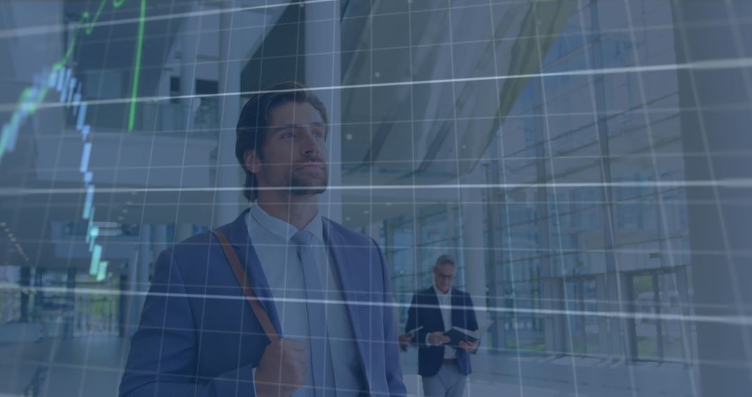 Caucasian Businessman with Digital Graphs and Global Fintech Interface