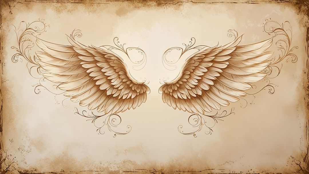 Vintage ornamental angel wings on aged parchment with scrollwork