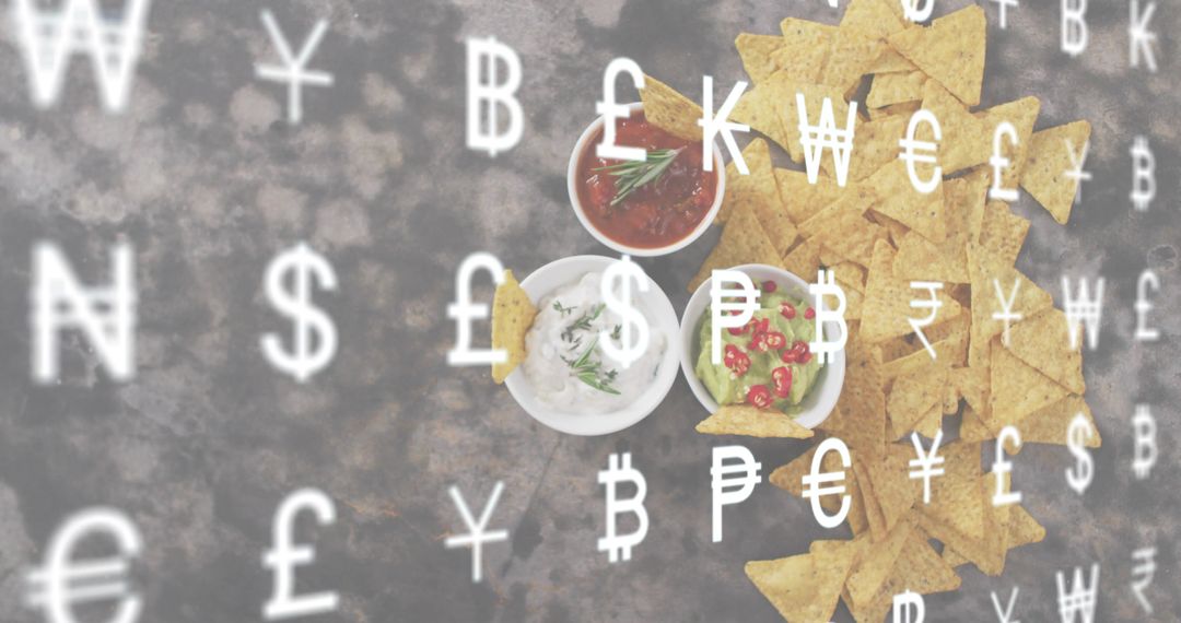 Displaying Nachos with Salsa, Guacamole and Sour Cream under Floating Currency Symbols Concept