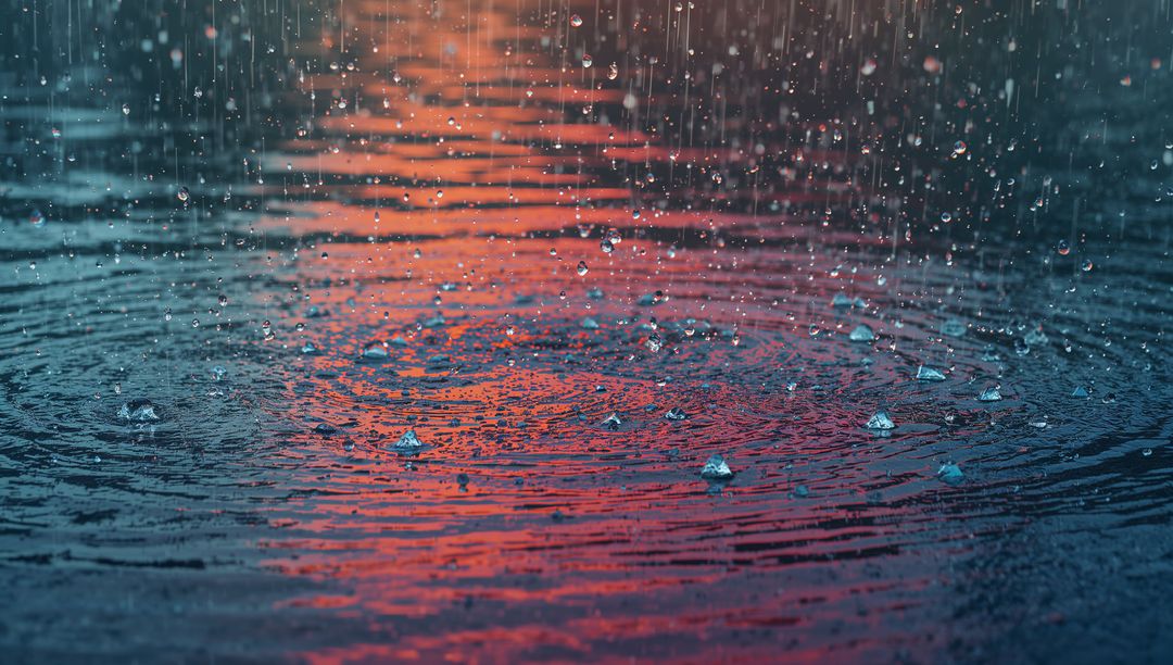 Raindrops Adding Texture to Puddle at Dusk