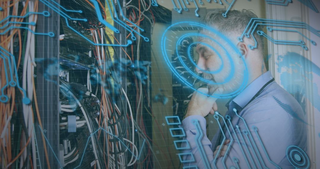 Engineer Analyzing Data Server with Futuristic Interface Overlay