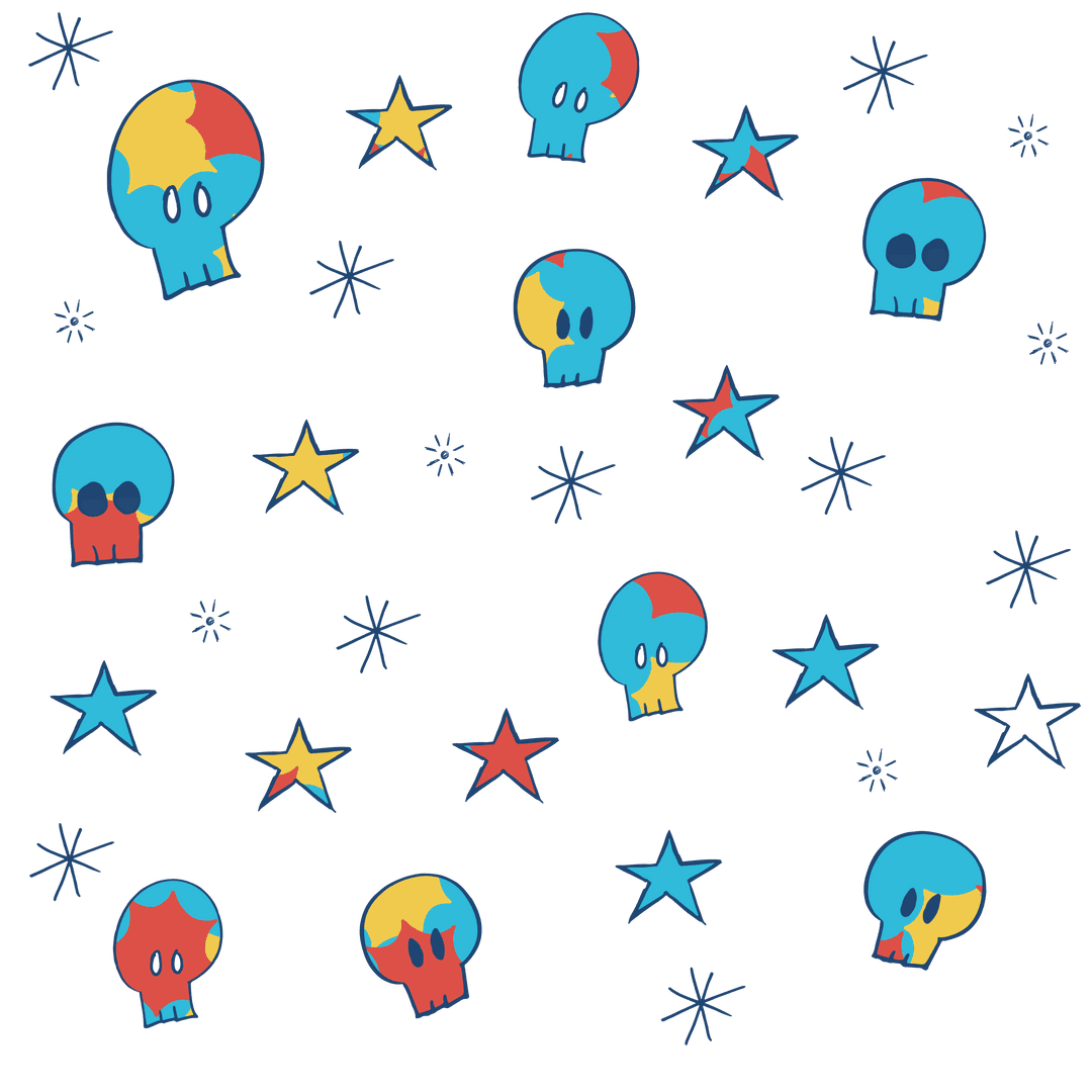 Digital Art with Colorful Skulls and Stars on Transparent Background