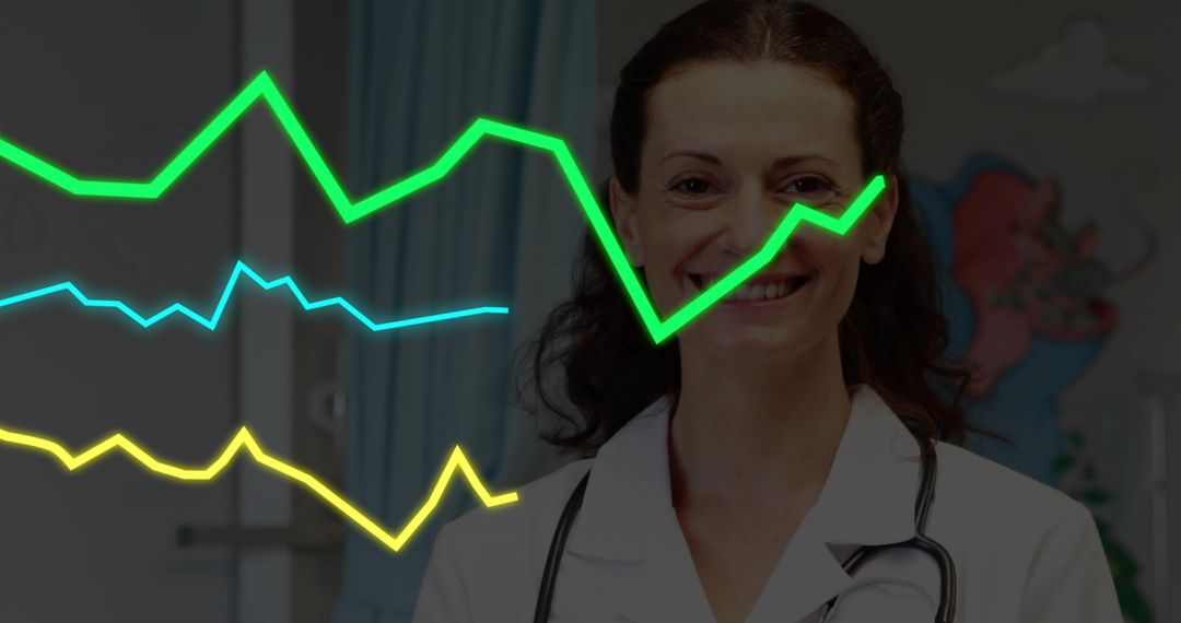 Smiling clinician presenting healthcare analytics with neon line graphs overlay