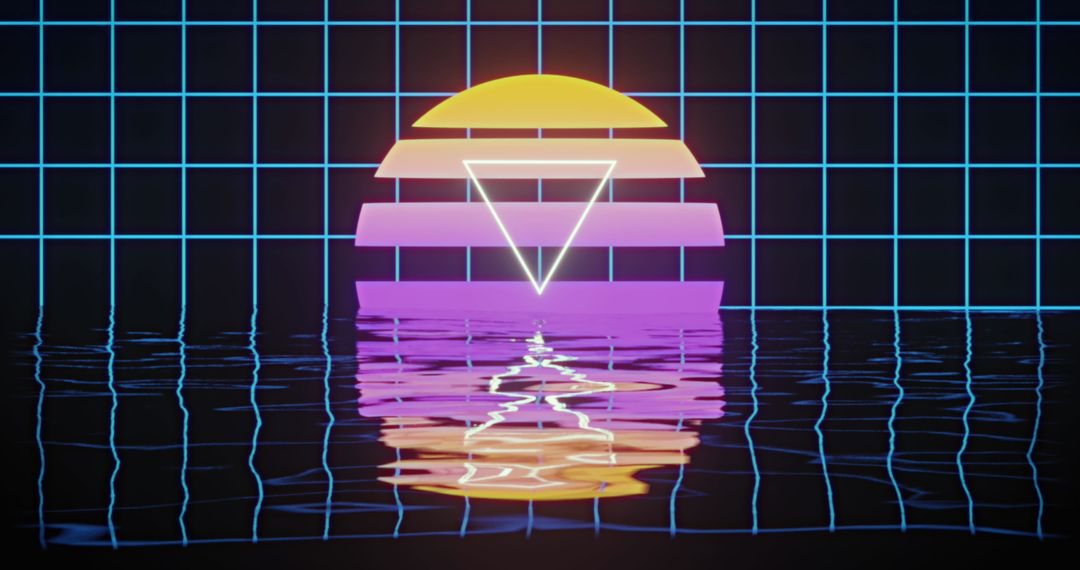 Retro Futurism Digital Sunset with Geometric Shapes