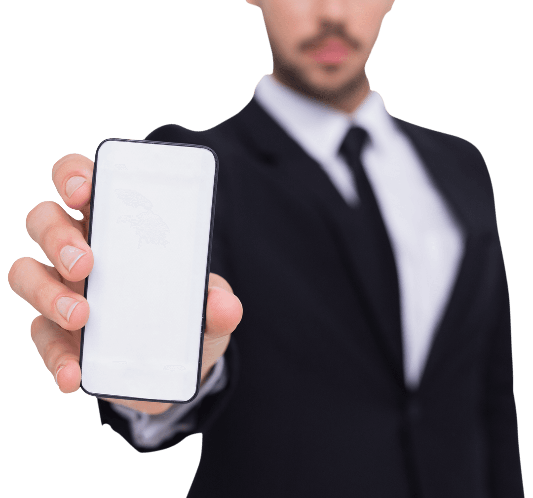 Transparent Businessman Holding Smartphone Forward