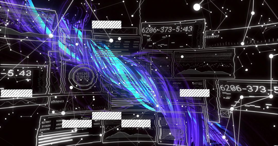 Flowing luminous braided data stream sweeping virtual cyberspace with holographic UI