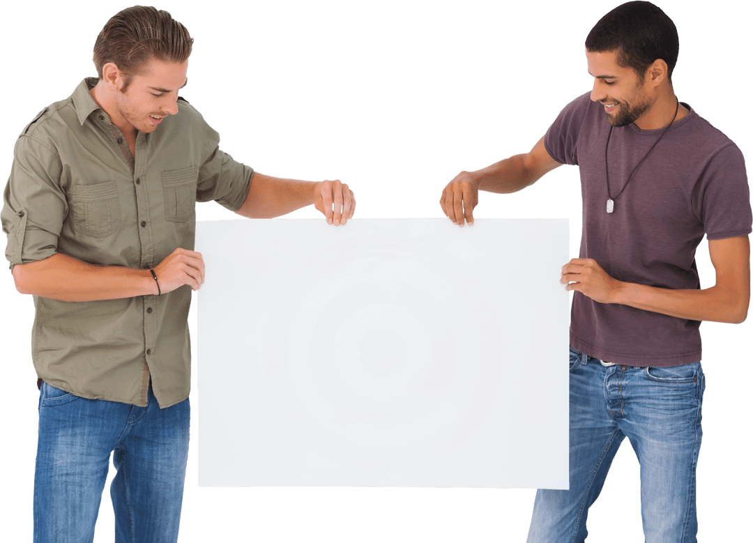 Stylish Men Holding Blank Transparent Sign
