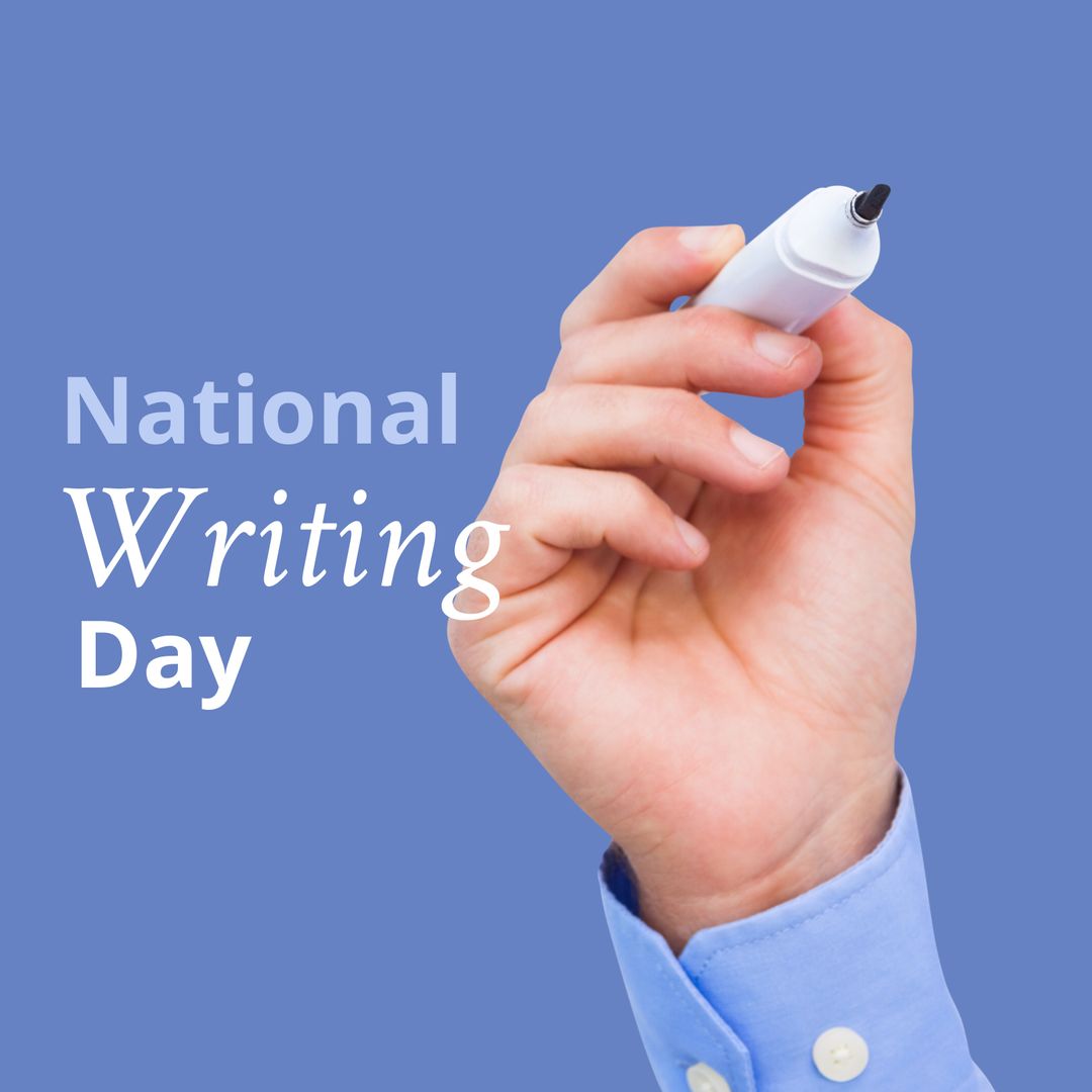 National Writing Day Concept with Pen in Hand on Blue Wall