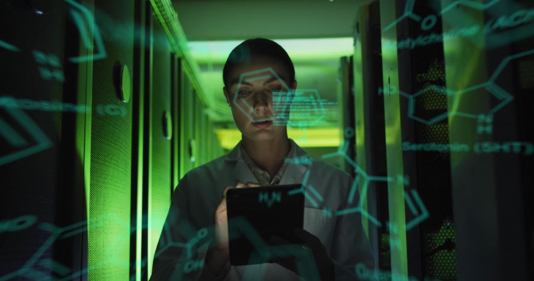 Engineer Analyzing Complex Data Holograms in Server Room