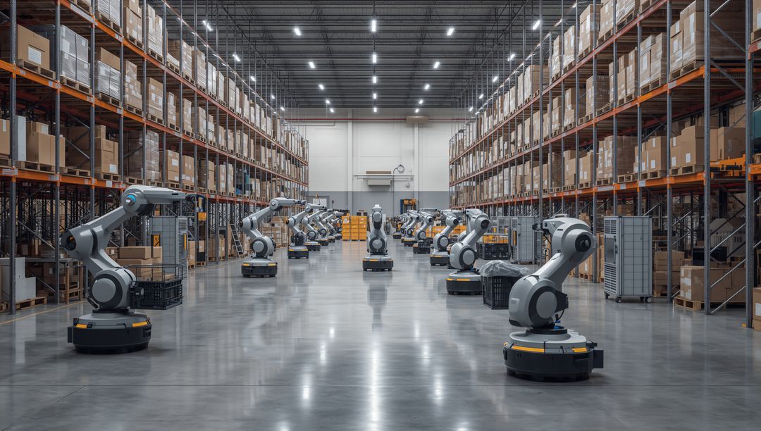 Autonomous mobile robot arms navigating warehouse aisles for automated order fulfillment