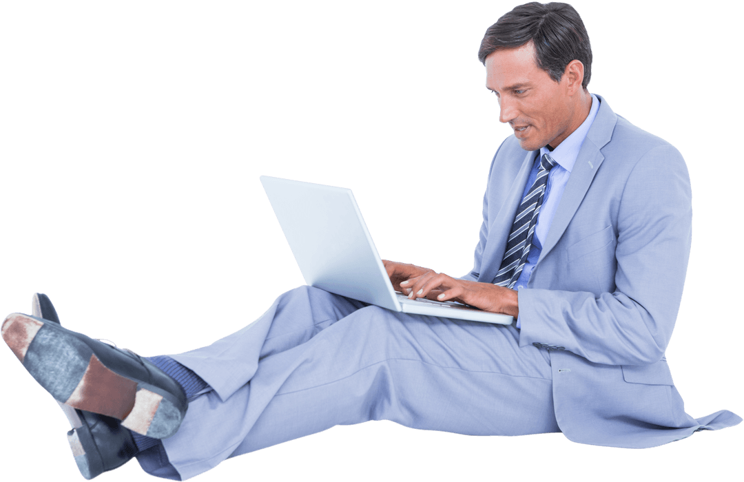 Transparent Full Length Businessman Using Laptop in Casual Setting
