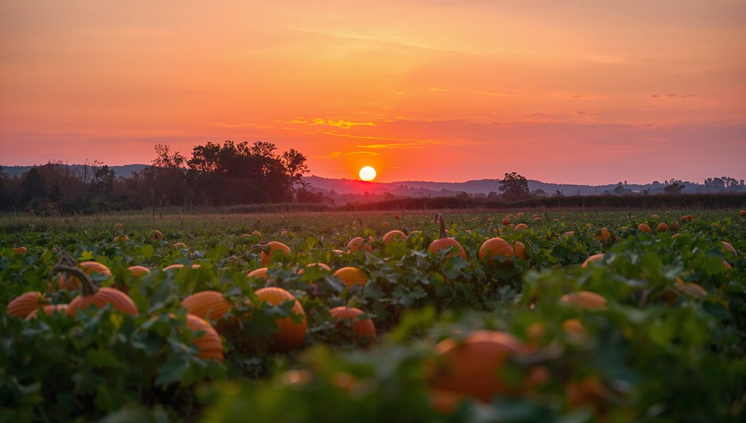 Sunset Pumpkin Patch on Rolling Hills with Glowing Orange Harvest Vines