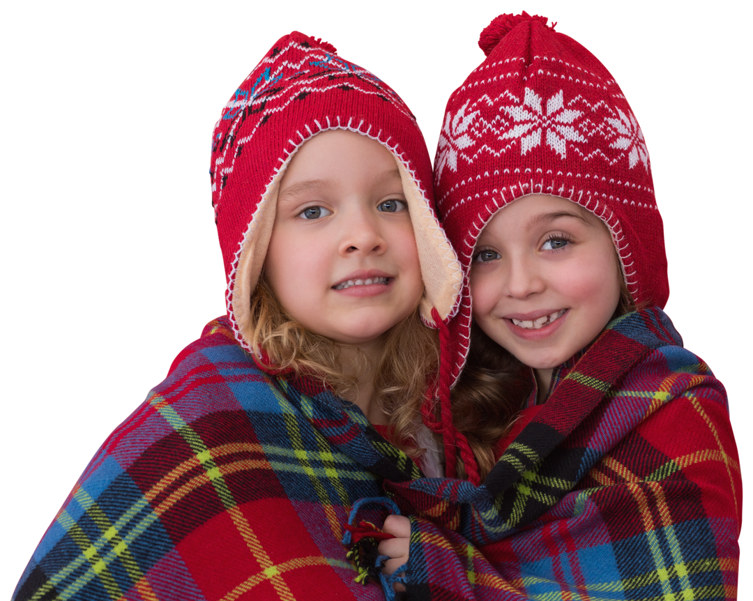 Smiling Girls in Winter Hats with Plaid Blanket on Transparent Background - Download Free Stock Images Pikwizard.com