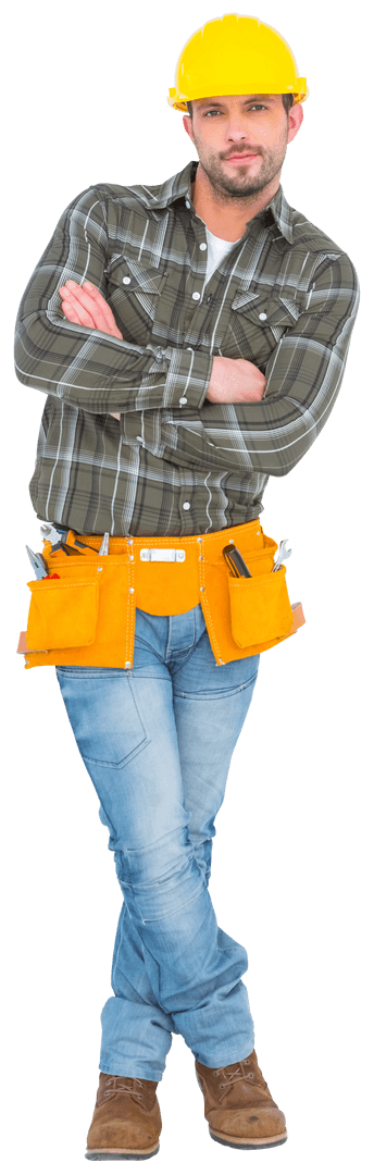 Confident Handyman Wearing Tool Belt and Hard Hat on Transparent Background
