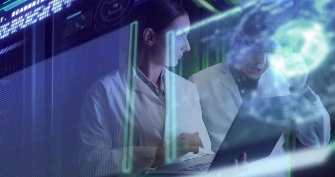 Engineers Analyzing Data with Technology Background