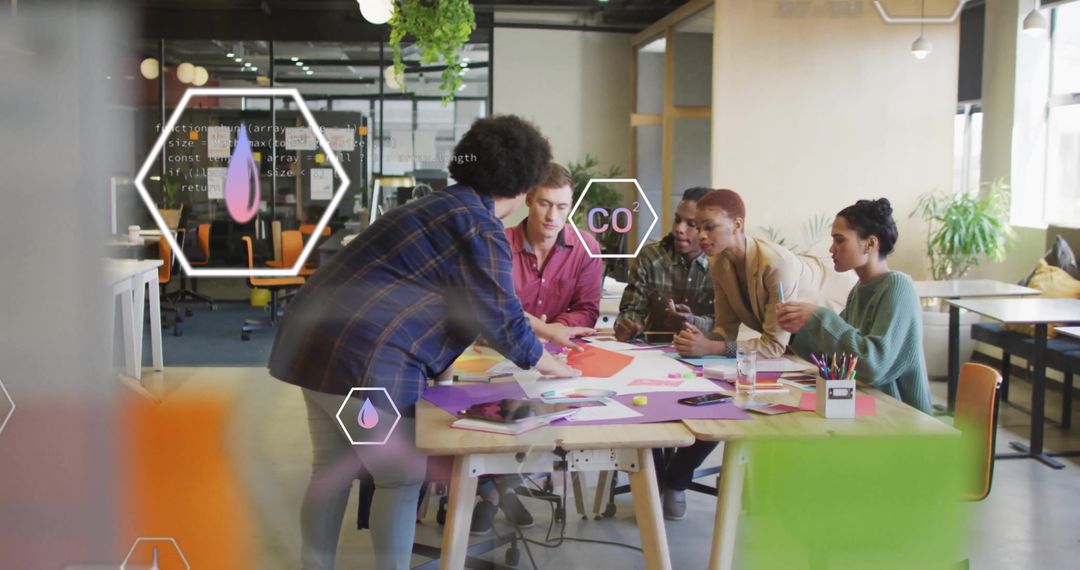 Diverse Team Collaborating with Eco-Friendly Digital Interfaces