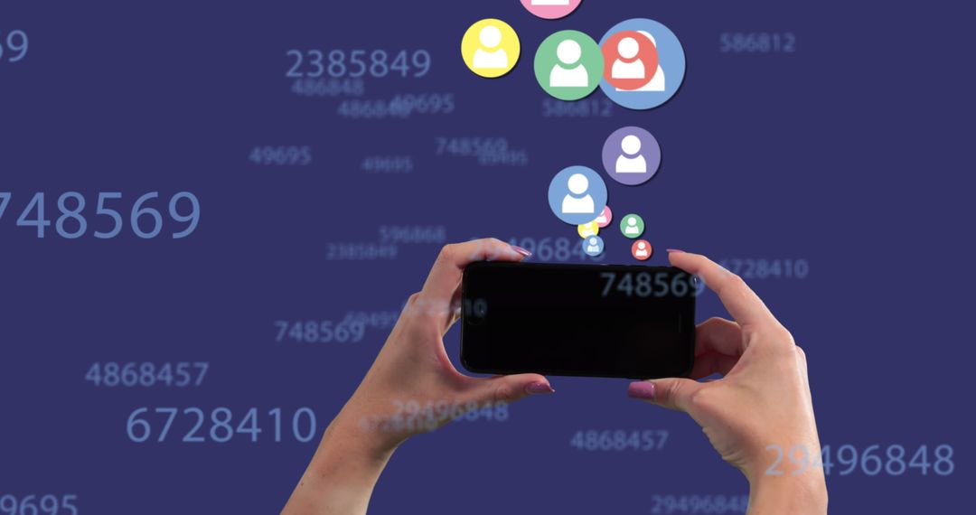 Hands Holding Smartphone with Floating Profile Icons