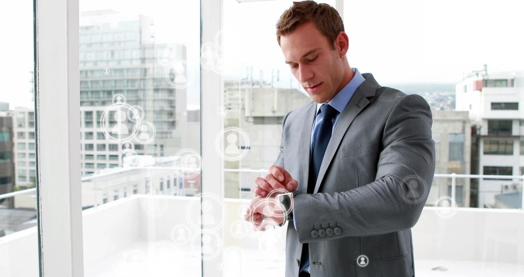 Executive Reviewing Time in Modern Office Overlooking City