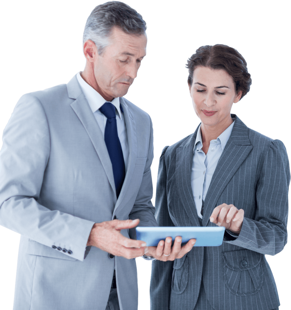 Professional Business Team Analyzing Data on Tablet Transparent Background