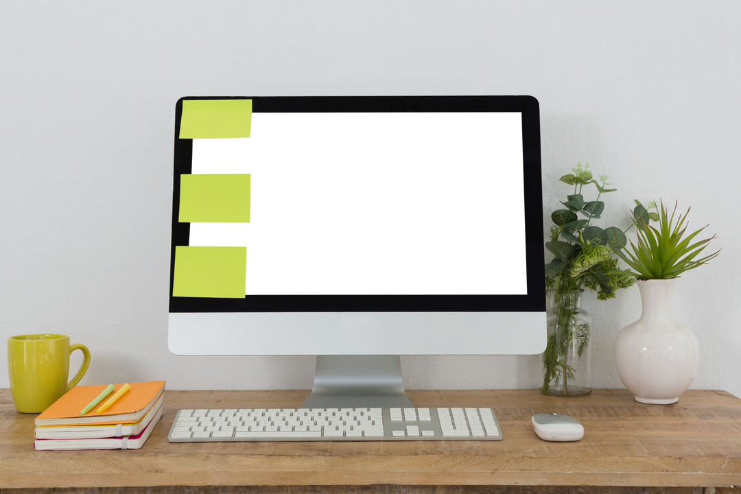 Transparent Computer Screen with Sticky Notes and Office Plants - Download Free Stock Images Pikwizard.com