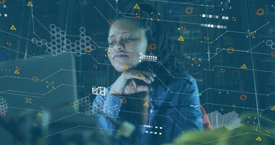 Focused Analyst Engaged with Digital Data Display in Server Room