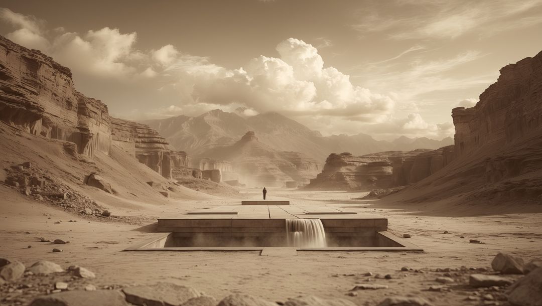 Man Overlooks Canyon with Concrete Platform and Waterfalls