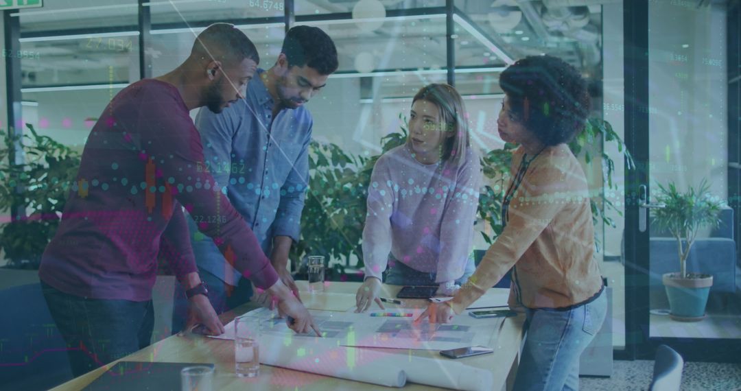 Diverse Team Analyzing Data with Technological Overlay