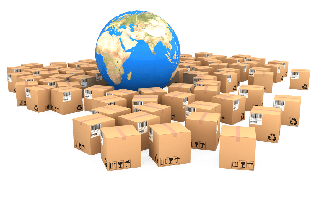 Transparent Globe on Shipping Parcels Representing Global Logistics