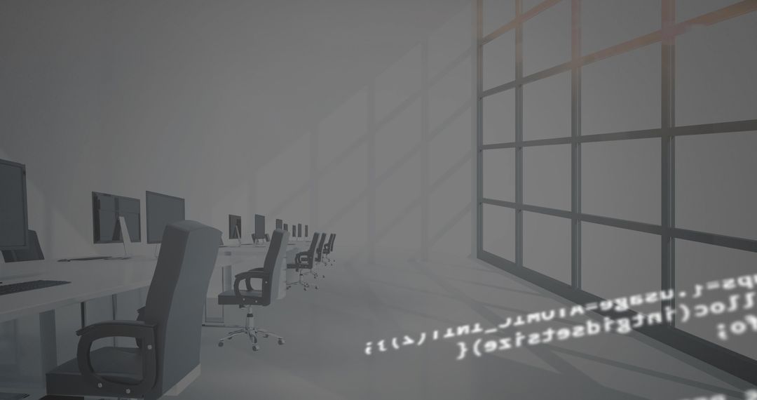 Empty Office with Digital Code Overlay Conveying Modern Technology