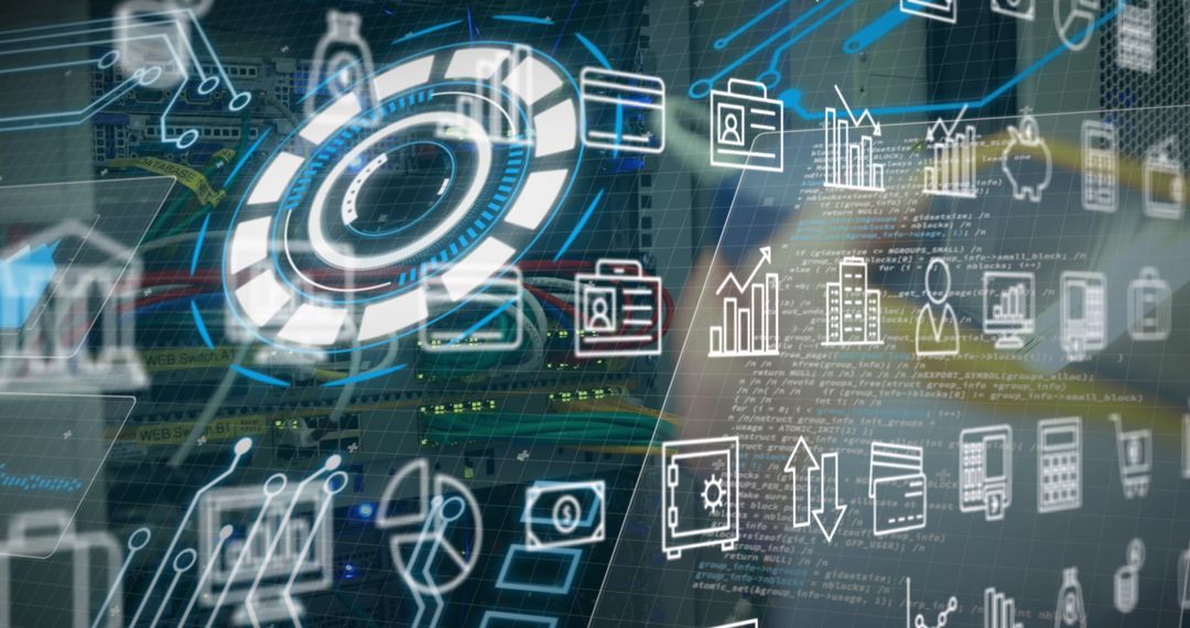 Futuristic Digital Interface Overlaying Data Center for Technology Concept