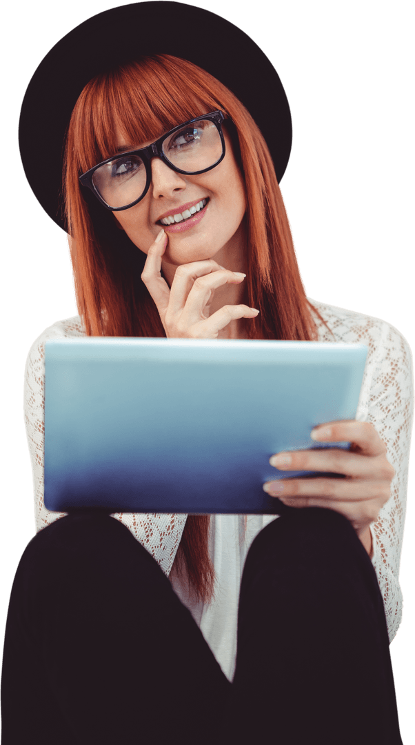 Transparent Hipster Woman Using Tablet with Smile on Face