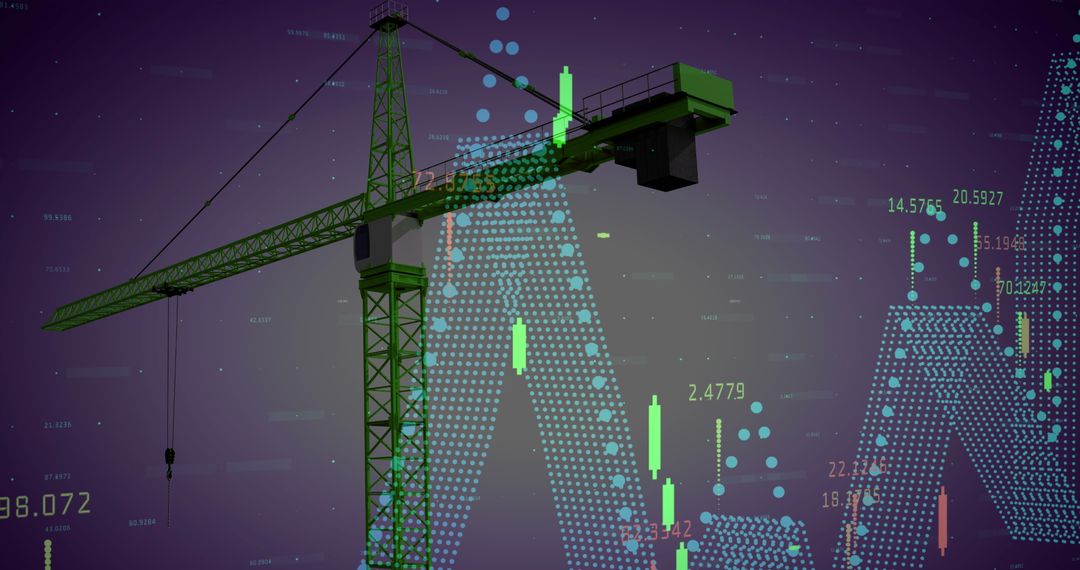 Crane with Financial Data Visualization Background Illustrating Market Growth