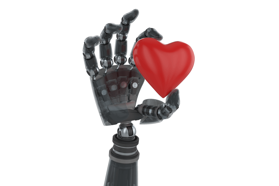 Transparent Cyborg Hand Holding Red Heart Shape