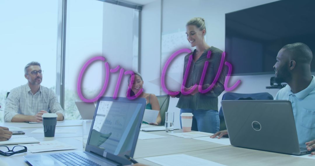 Diverse Business Team with On Air Text Overlay in Modern Office