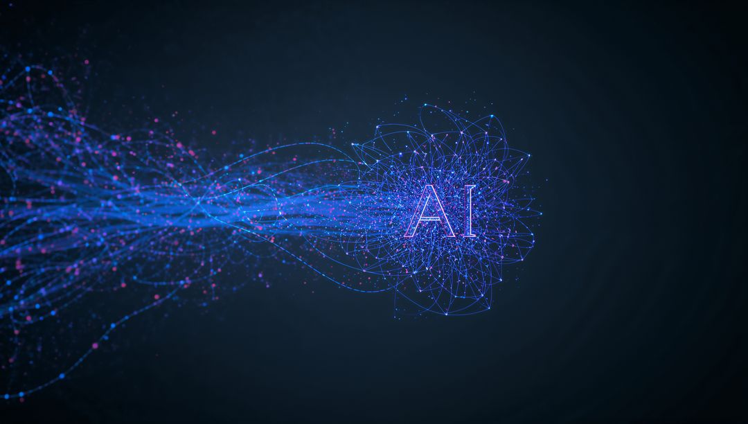 Streaming Neural Network Flow Converging on AI Core with Neon Particles and Digital Nodes