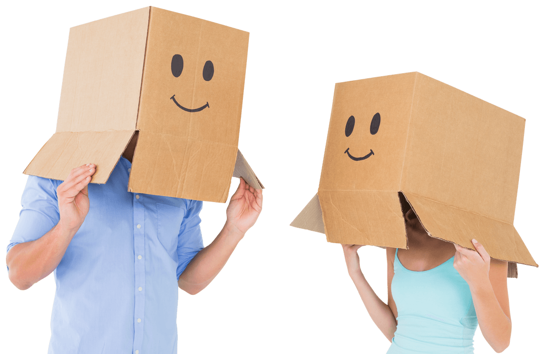 Couple Wearing Happy Box Masks Enjoying Playful Moment Transparent