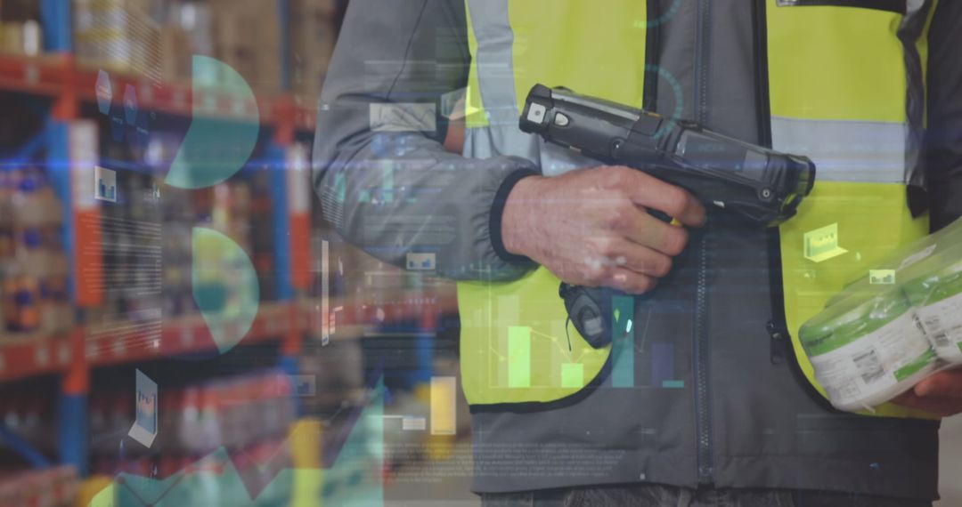Warehouse Employee Using Scanner with Digital Data Overlay