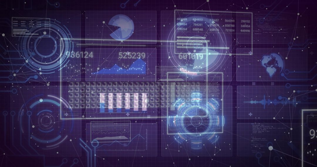 Futuristic HUD dashboard streaming glowing data panels, neon cyan and purple interface
