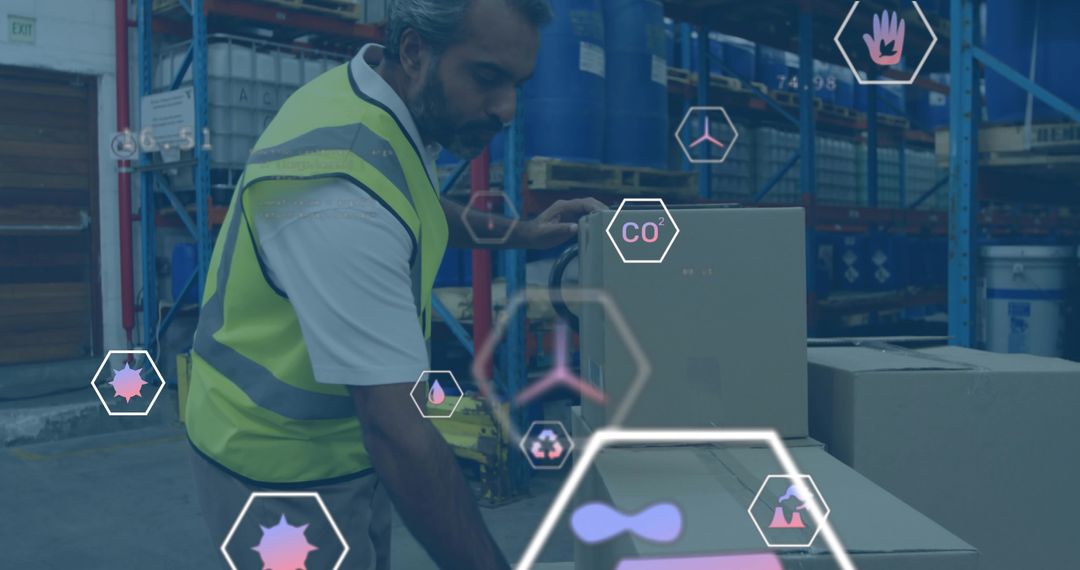 Warehouse worker wearing hi-vis vest handling boxes with pallet jack and AR logistics overlays