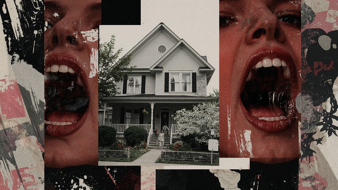 Surreal Collage with House and Overlapping Glossy Lips