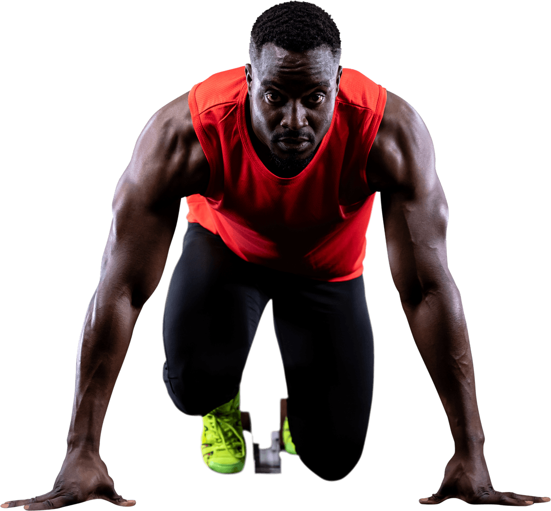 Transparent Runner in Red Tank Top Ready on Starting Block