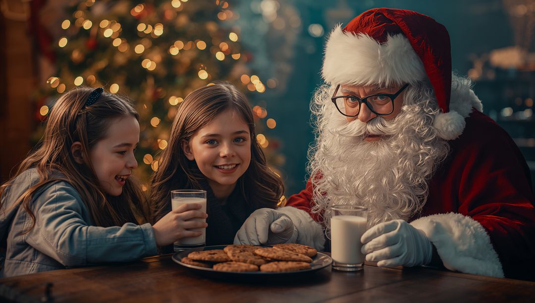 Santa Claus with Children Enjoying Holiday Milk and Cookies by Christmas Tree